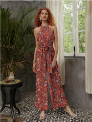 Boho Floral Print Sleeveless Jumpsuit Vintage Wide Leg Jumpsuit