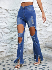 Distressed Flared Jeans Slash Pockets Wide Legs