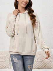 Ribbed Kangaroo Pocket Hoodie Long Sleeve Women's Sweatshirt