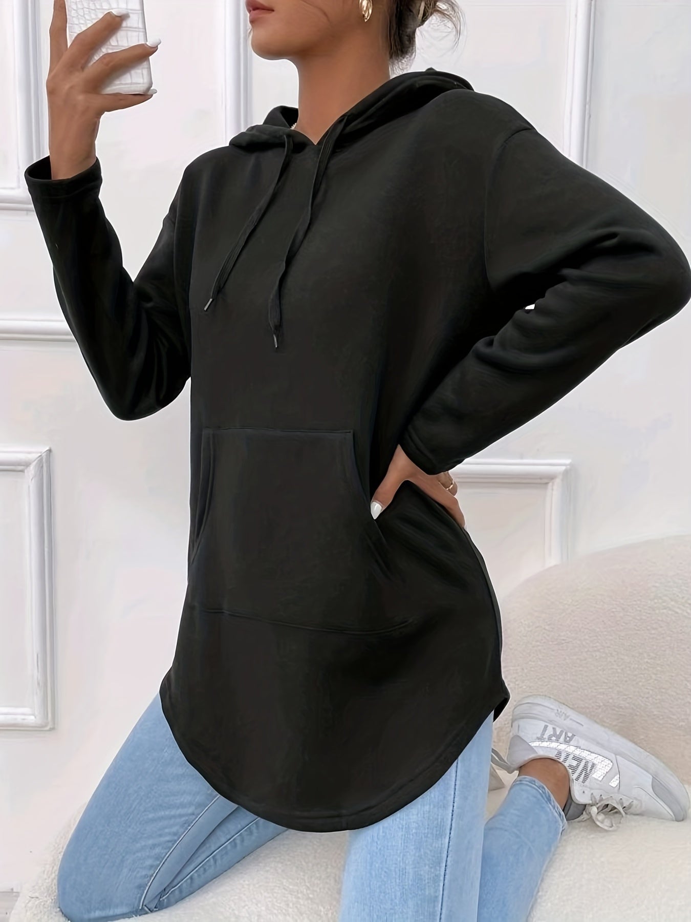 Solid Kangaroo Pocket Hoodie Casual Long Sleeve Drawstring Hoodies Sweatshirt