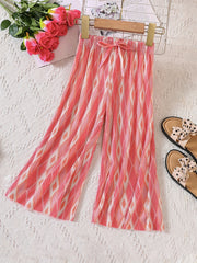 Girls Geometric Print Pleated Trousers With Bow Casual Pants