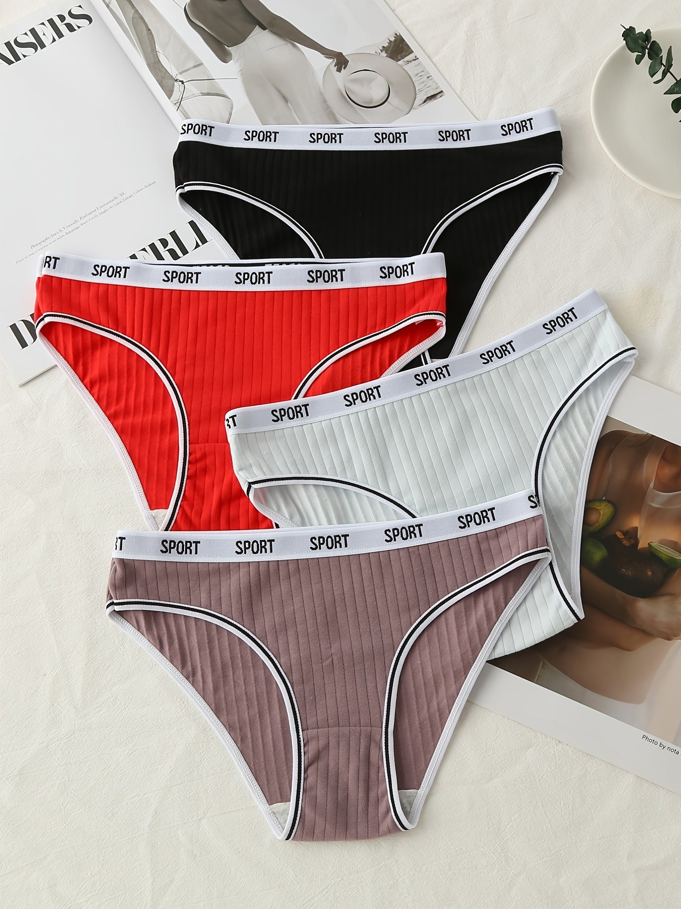4 Pcs Ribbed Cotton Letter Tape Briefs Pack Women's Underwear