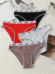 4 Pcs Ribbed Cotton Letter Tape Briefs Pack Women's Underwear