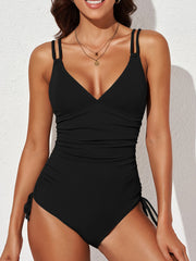 Rib Knit One Piece Swimsuit V Neck Cut Out Drawstring Straps