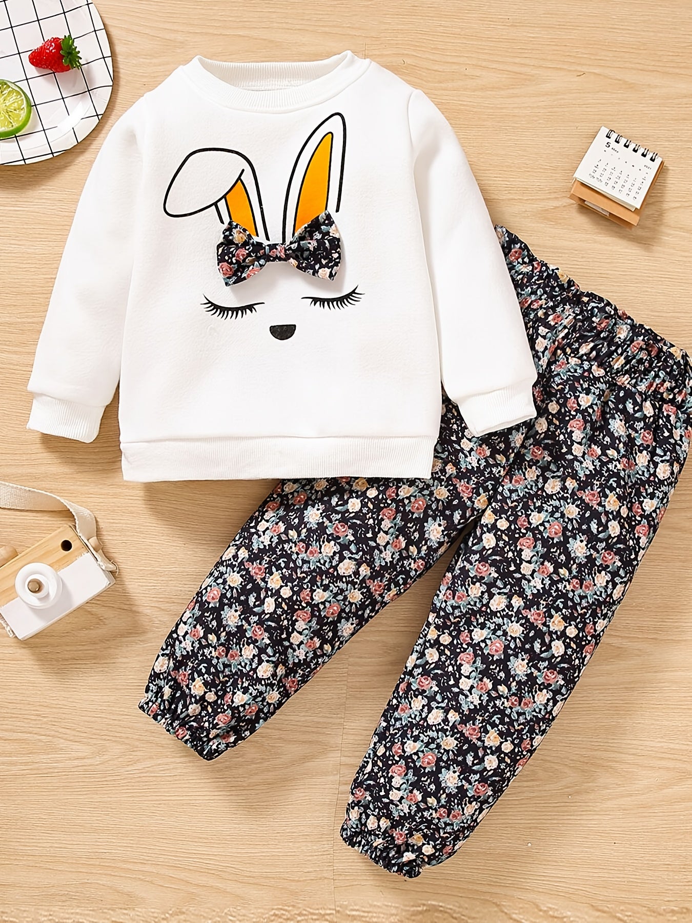 Toddler Girl Rabbit Print Pullover Sweatshirt And Floral Print Pants Set
