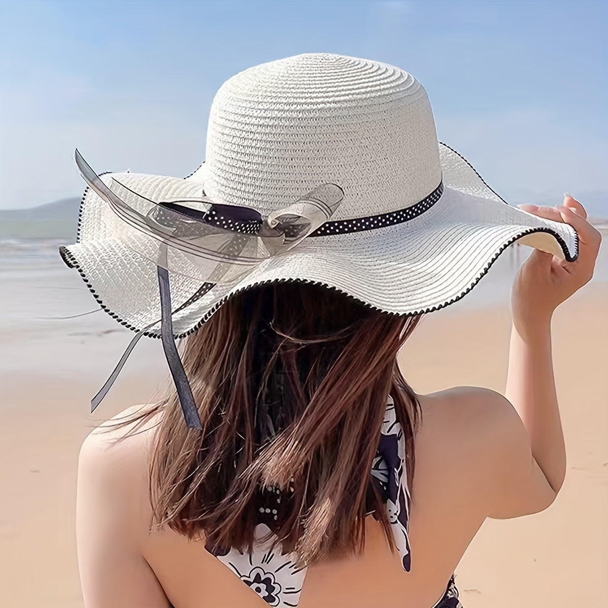 Wide Brim Sun Hat with Floppy Ruffles French Style Straw Hat for Women