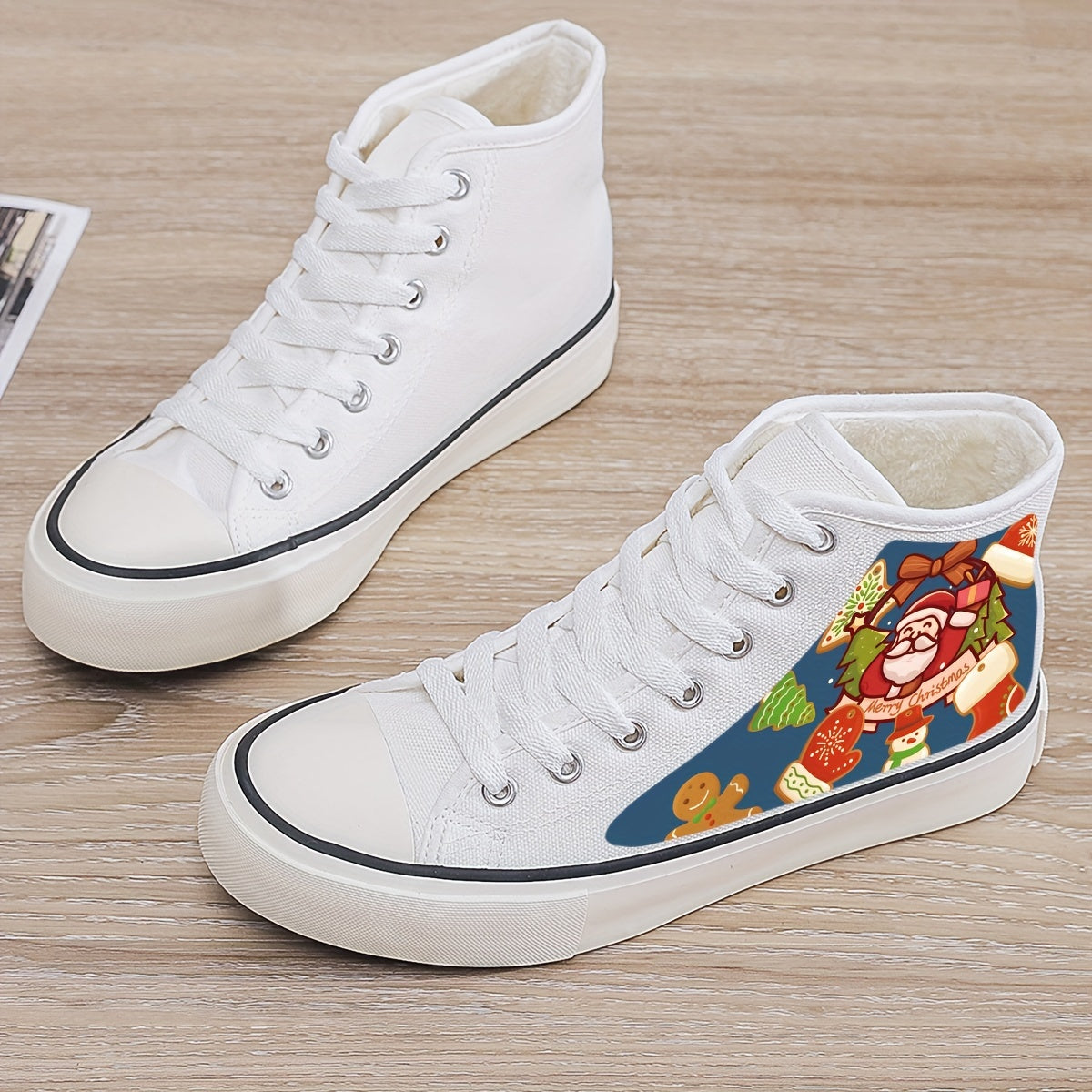Santa Print Plush Lined Chunky Canvas Sneakers