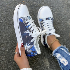 Women's Art Printed Canvas Lace Up Flat Sneakers