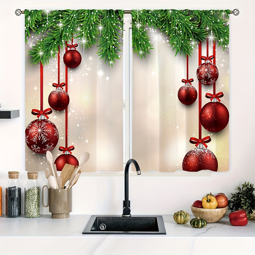 2 Panels Christmas Curtains Red Christmas Balls Pine Leaves Rod Pocket Curtains