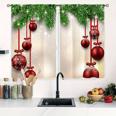 2 Panels Christmas Curtains Red Christmas Balls Pine Leaves Rod Pocket Curtains