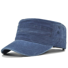 Vintage Washed Cotton Military Cadet Flat Top Cap Adjustable Hat