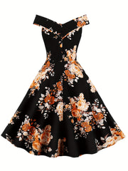 Vintage Floral V Neck Dress Pleated Party Dress Women's Clothing