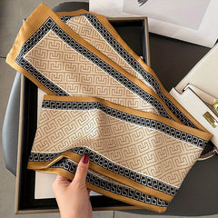 Geometric Print Skinny Silk Scarf Double Layer Neck Tie Ribbon