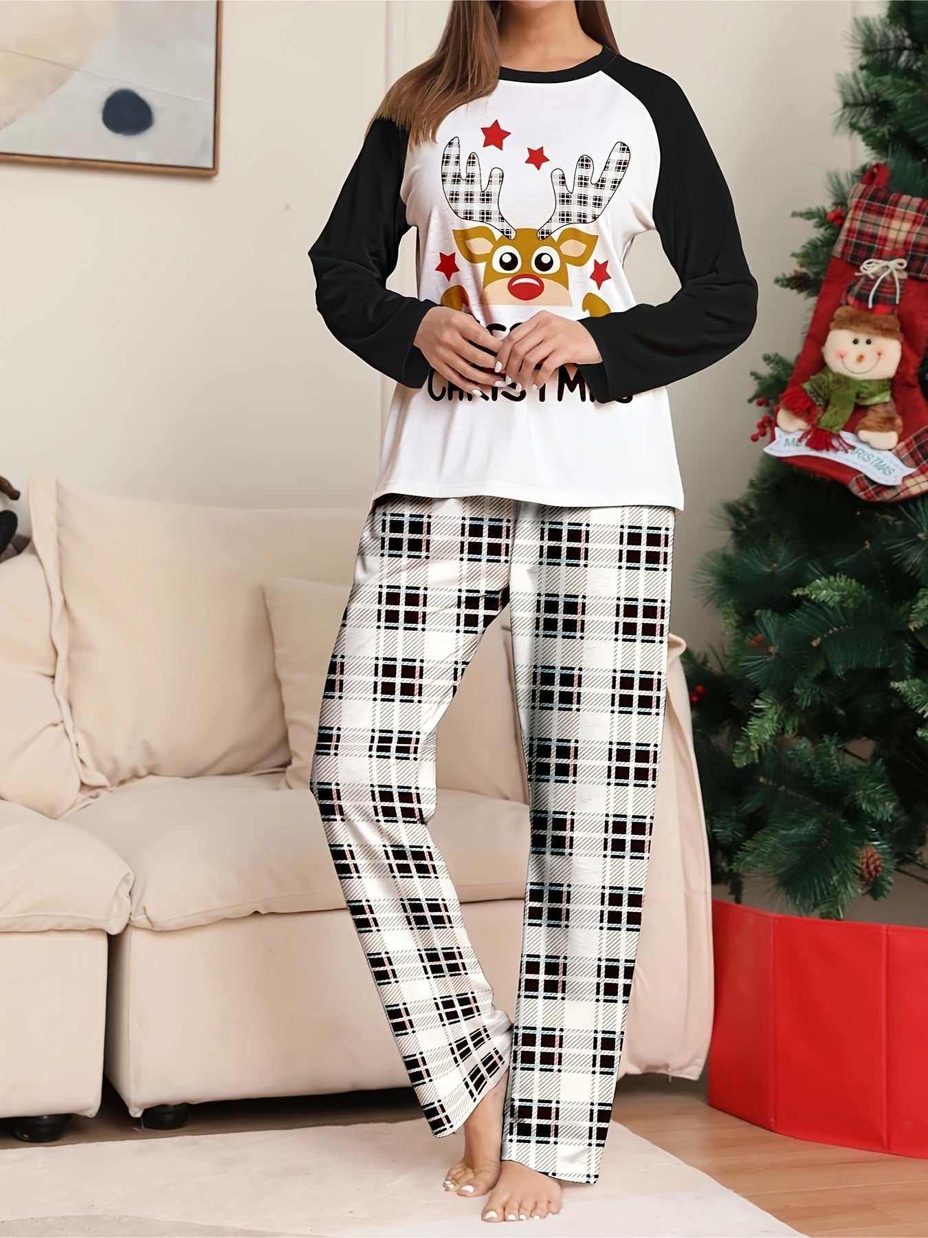 Christmas Pajamas Set Women's Elk & Slogan Tee & Plaid Pants Two Piece