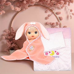 Pink Bunny Ear Doll Blanket Plush Bedding 30x35 with Star Moon Rainbow Designs