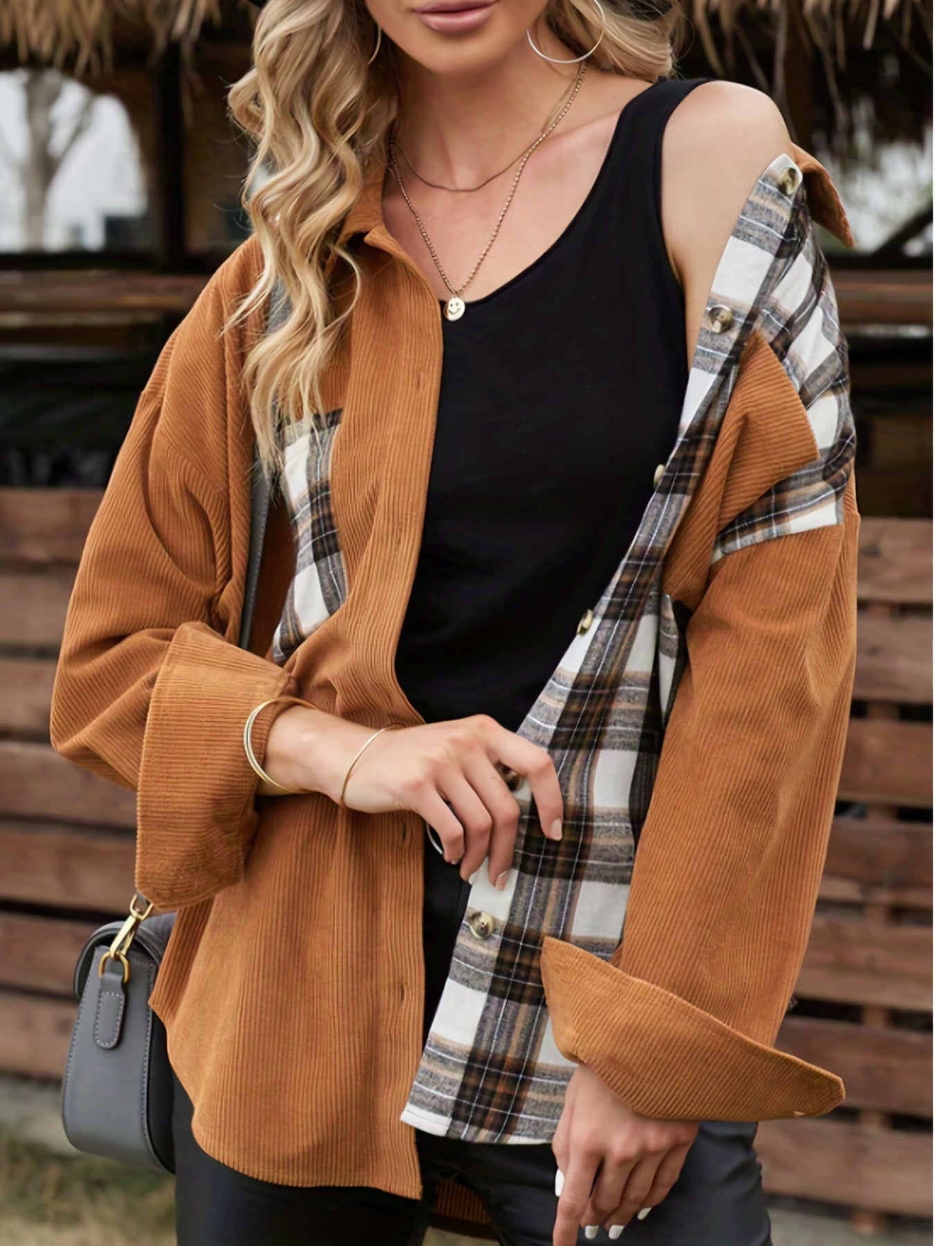 Plaid Print Button Front Jacket Vintage Outerwear Women's C