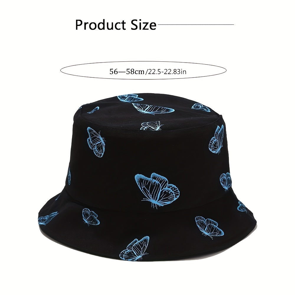 Butterfly Print Bucket Hat Women Reversible Sun Cap Sunscreen