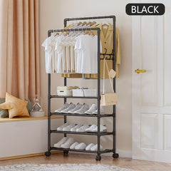Double Pole Coat Rack with Pulley 4 Layer Clothes Hat Shoes Rack