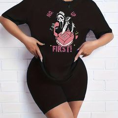2pcs Halloween Ghost Graphic Crew Neck T shirt & Solid Shorts Women's Activewear