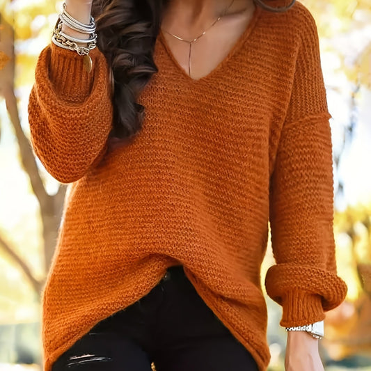 V Neck Solid Ribbed Long Sleeve Sweater