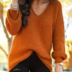 V Neck Solid Ribbed Long Sleeve Sweater