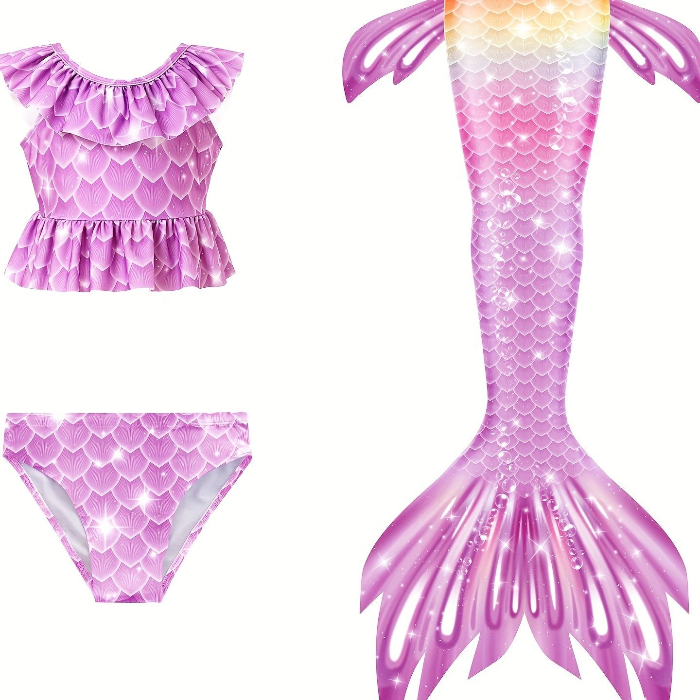 Girl's Tie Dye Mermaid Swimsuit Ruffle Bikini Set & Mermaid Tail Costume