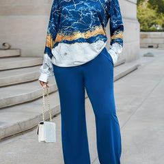 Plus Glitter Marble Print Top & High Rise Pants Outfits 2 Piece Set