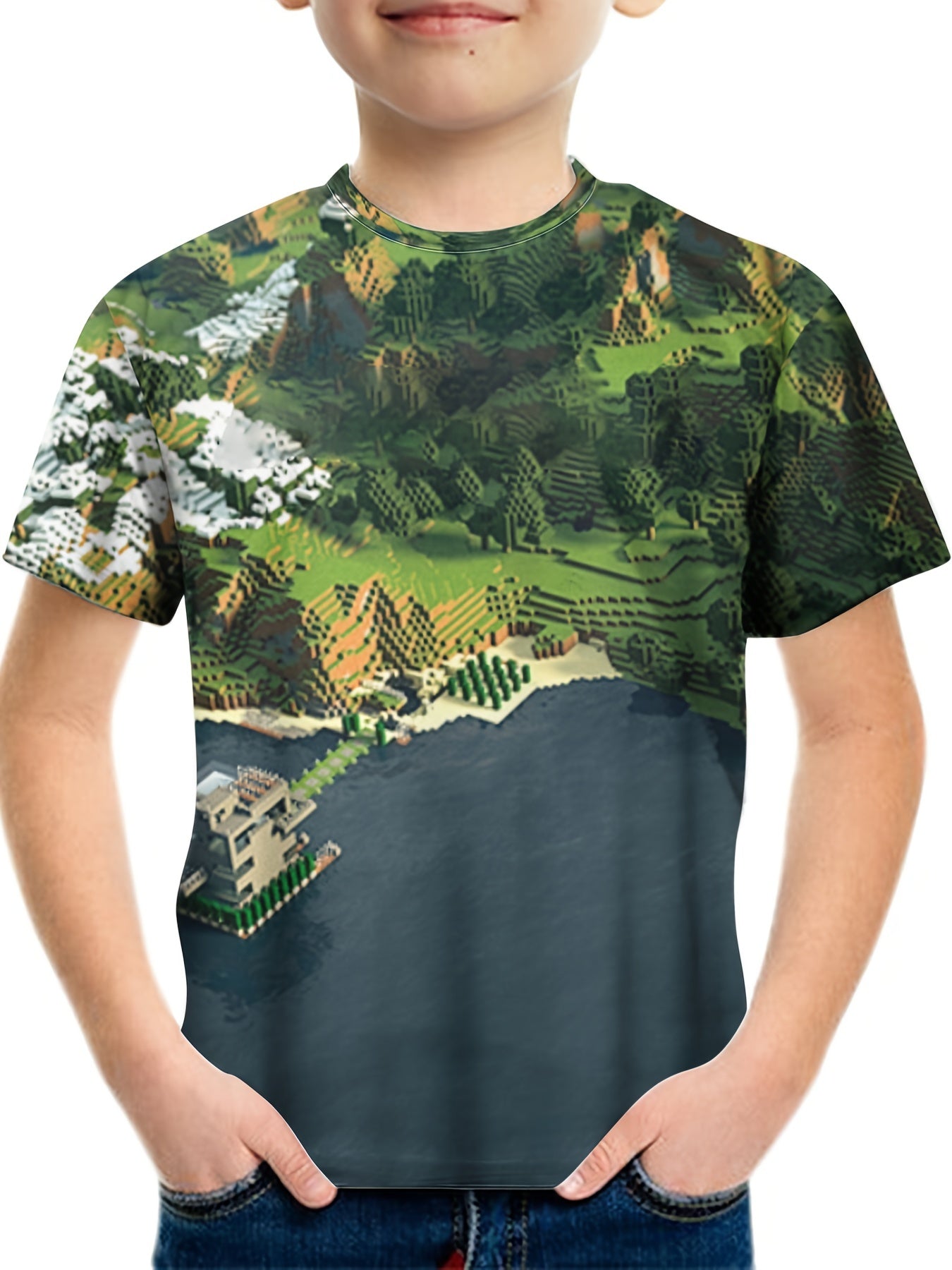 Kids Mountain & River Pattern T-shirt Short Sleeve Top Summer Tee