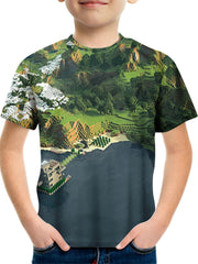 Kids Mountain & River Pattern T-shirt Short Sleeve Top Summer Tee