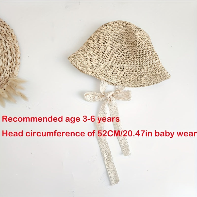 Girls Braided Straw Hat With Lace Straps Sun Protection