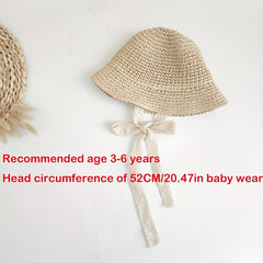 Girls Braided Straw Hat With Lace Straps Sun Protection
