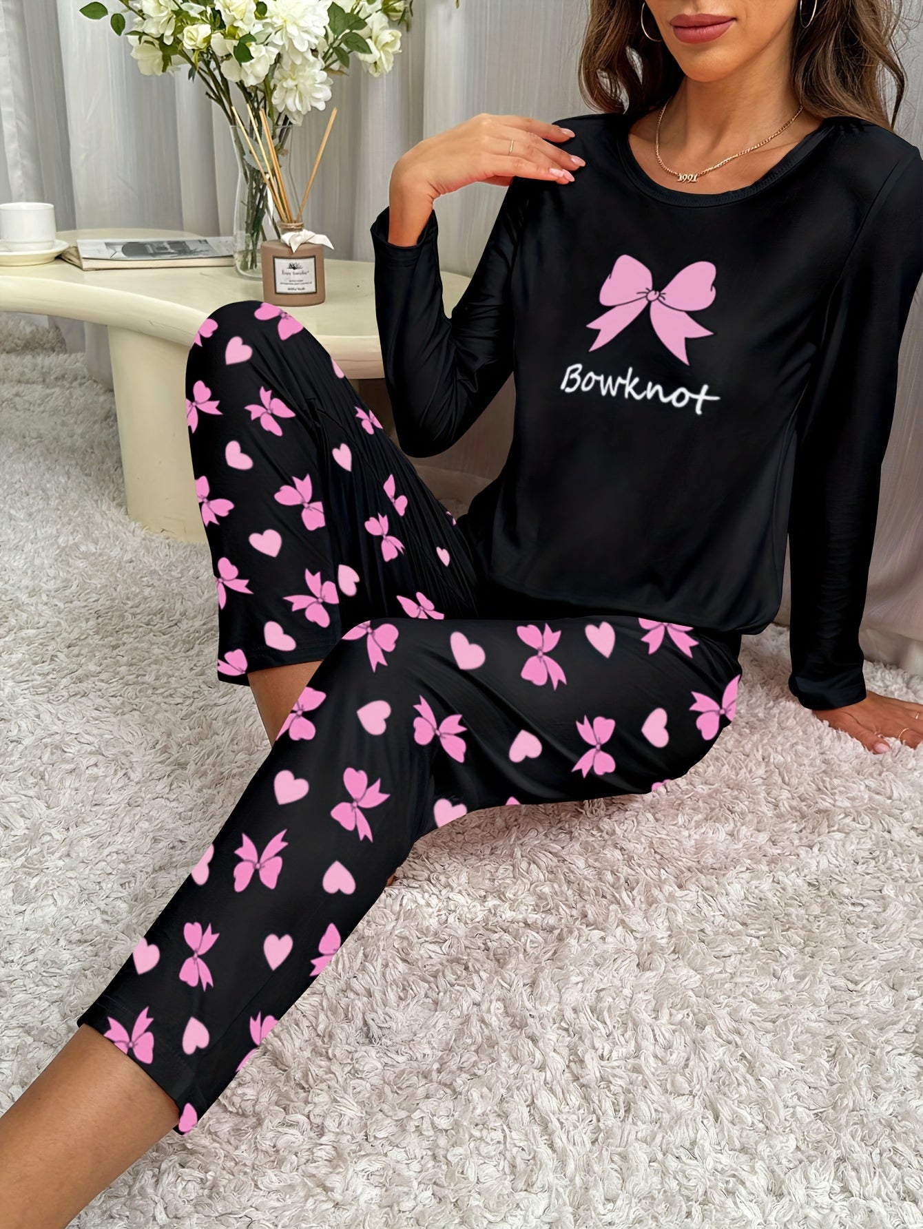 Bow Print Pajama Set Long Sleeve Crew Neck Top & Elastic Waistband Pants