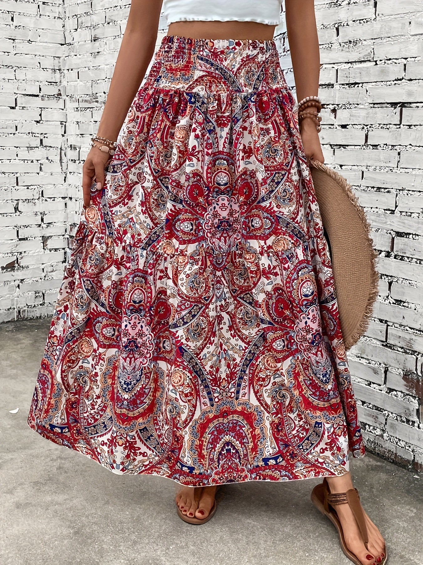 Paisley Print Shirred Waist Skirt for Women