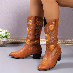Sunflower Embroidered Western Boots V cut Slip On Retro Cowgirl Mid Calf