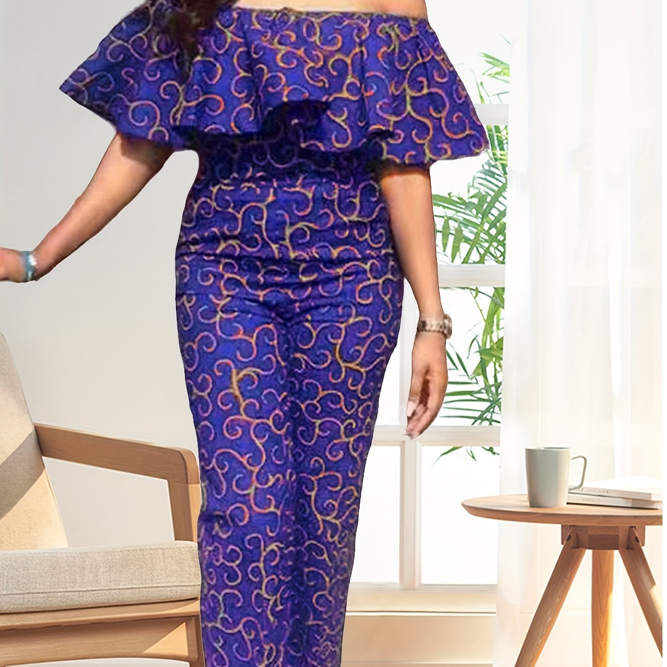 Off Shoulder Ruffle Trim Jumpsuit for Women
