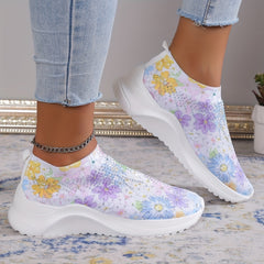 Women's Rhinestone Decor Sneakers Floral Print Slip On Shoes