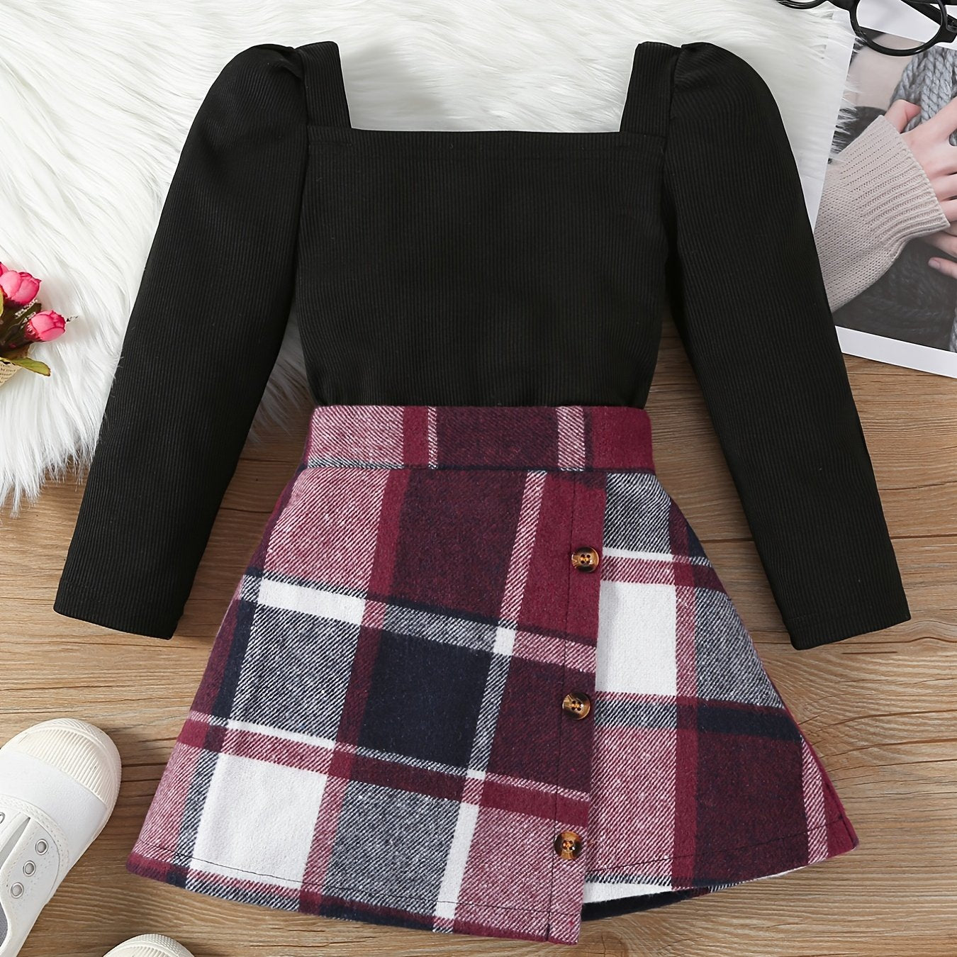 Girls Square Neck Top & Red Plaid Skirt Set Spring Fall