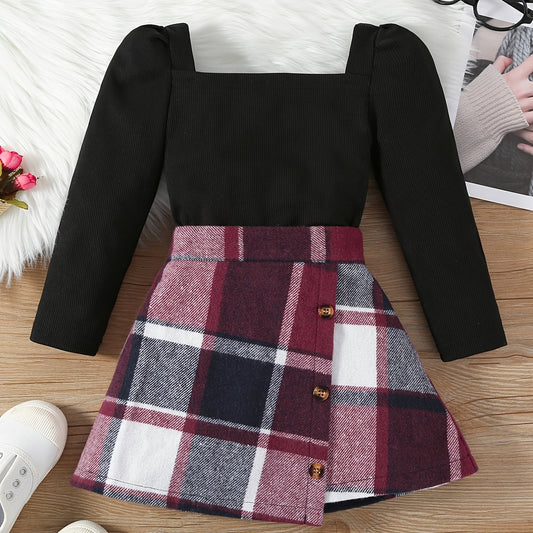 Girls Square Neck Top & Red Plaid Skirt Set Spring Fall