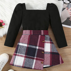 Girls Square Neck Top & Red Plaid Skirt Set Spring Fall
