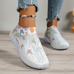Women's Floral Butterfly Pattern Sneakers Low Top Slip On Knit Sock Shoes