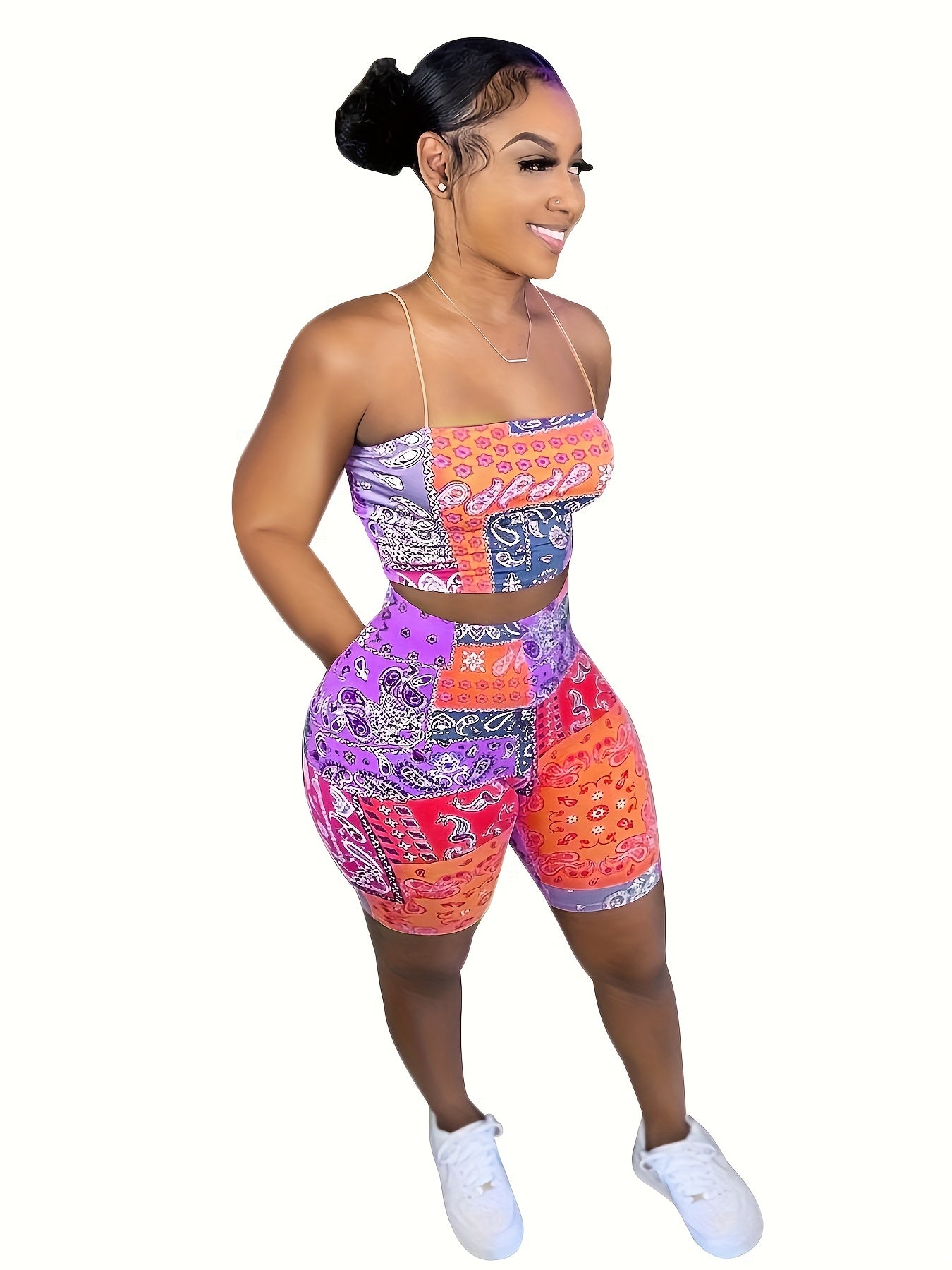 Sexy Paisley Print Two piece Set Crop Cami Top & High Waist Shorts