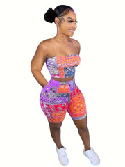 Sexy Paisley Print Two piece Set Crop Cami Top & High Waist Shorts