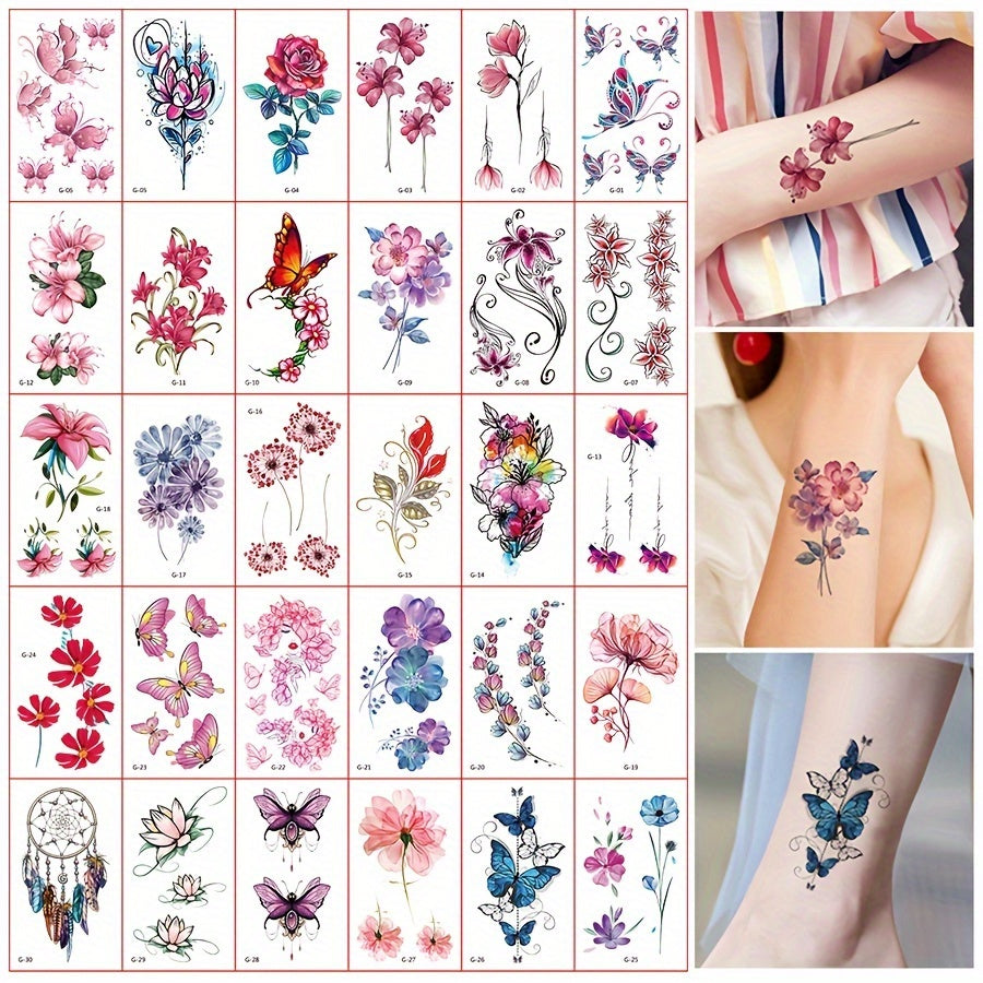 30 Sheets Flowers Temporary Tattoos For Women Waterproof Body Art Stickers
