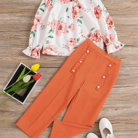 Girl's 2pcs Floral Print Top & Pants Set for Spring/Fall