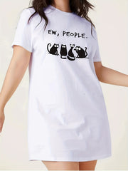 Cat & Letter Print Short Sleeve Round Neck Nightdress