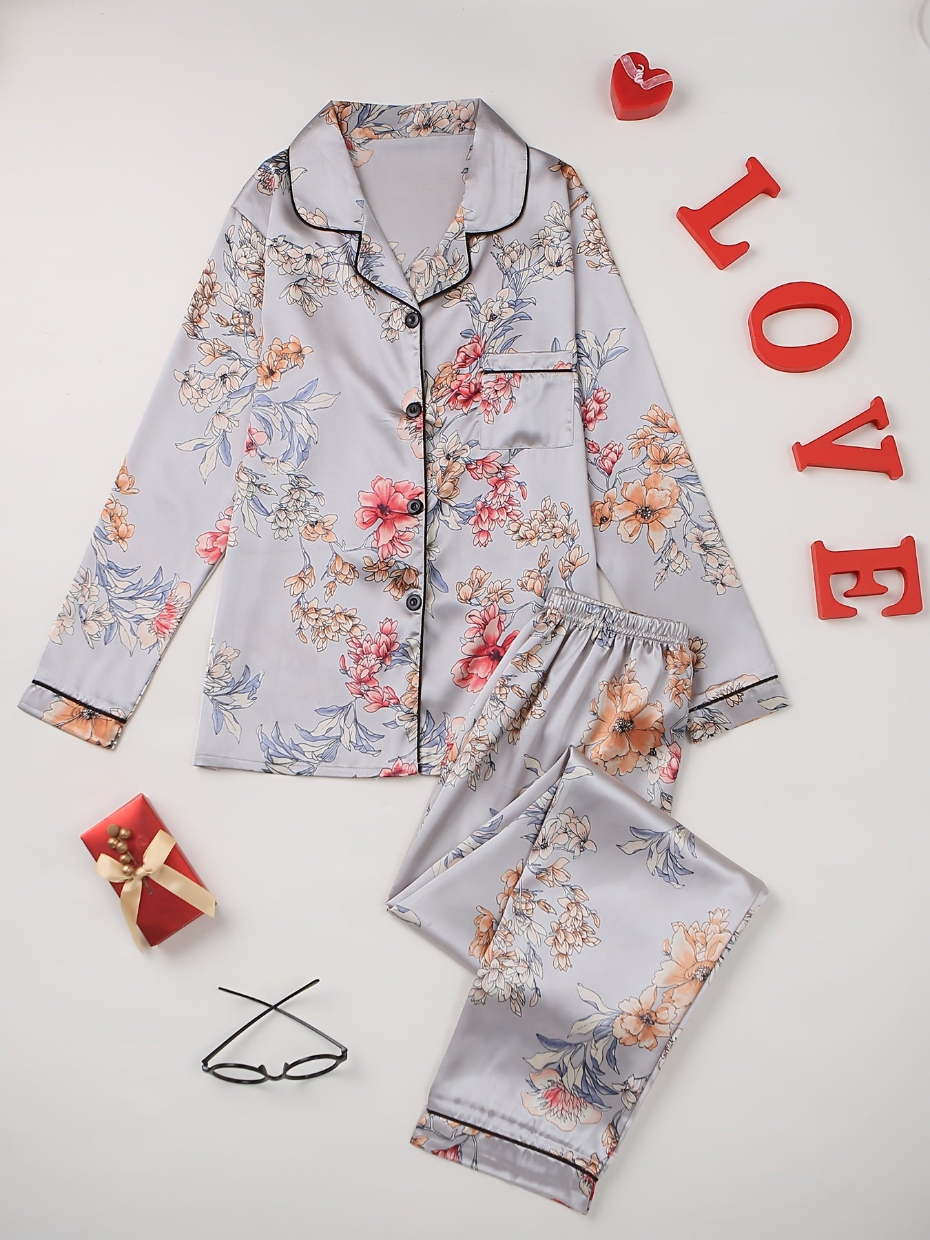 Floral Print Pajama Set Long Sleeve Button Up Top And Pants