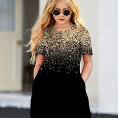 Girls Sequin Print Short Sleeve Dress for Summer