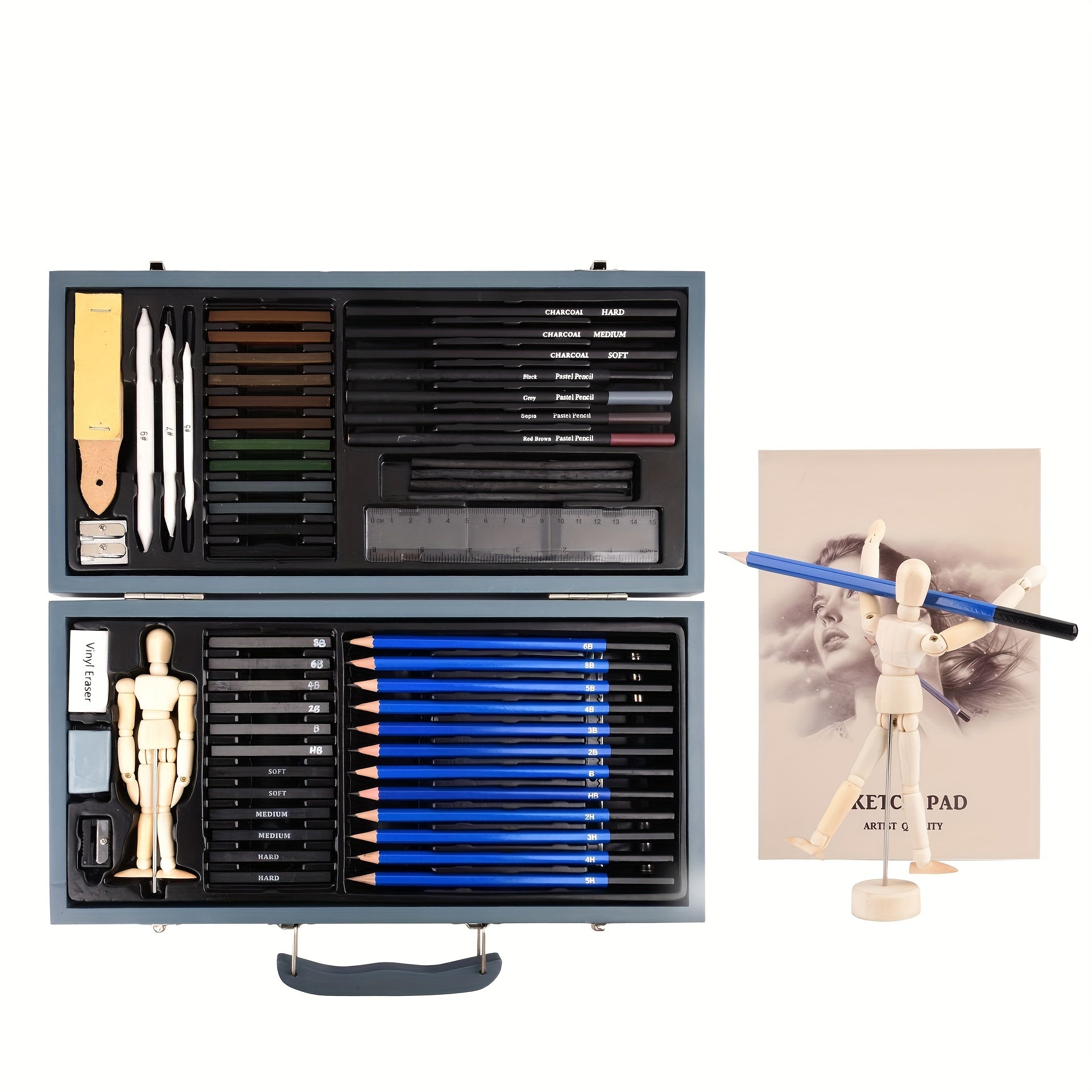 60pcs Wooden Box Sketching Pencil Set Art Drawing Sketching Charcoal Drawing Set