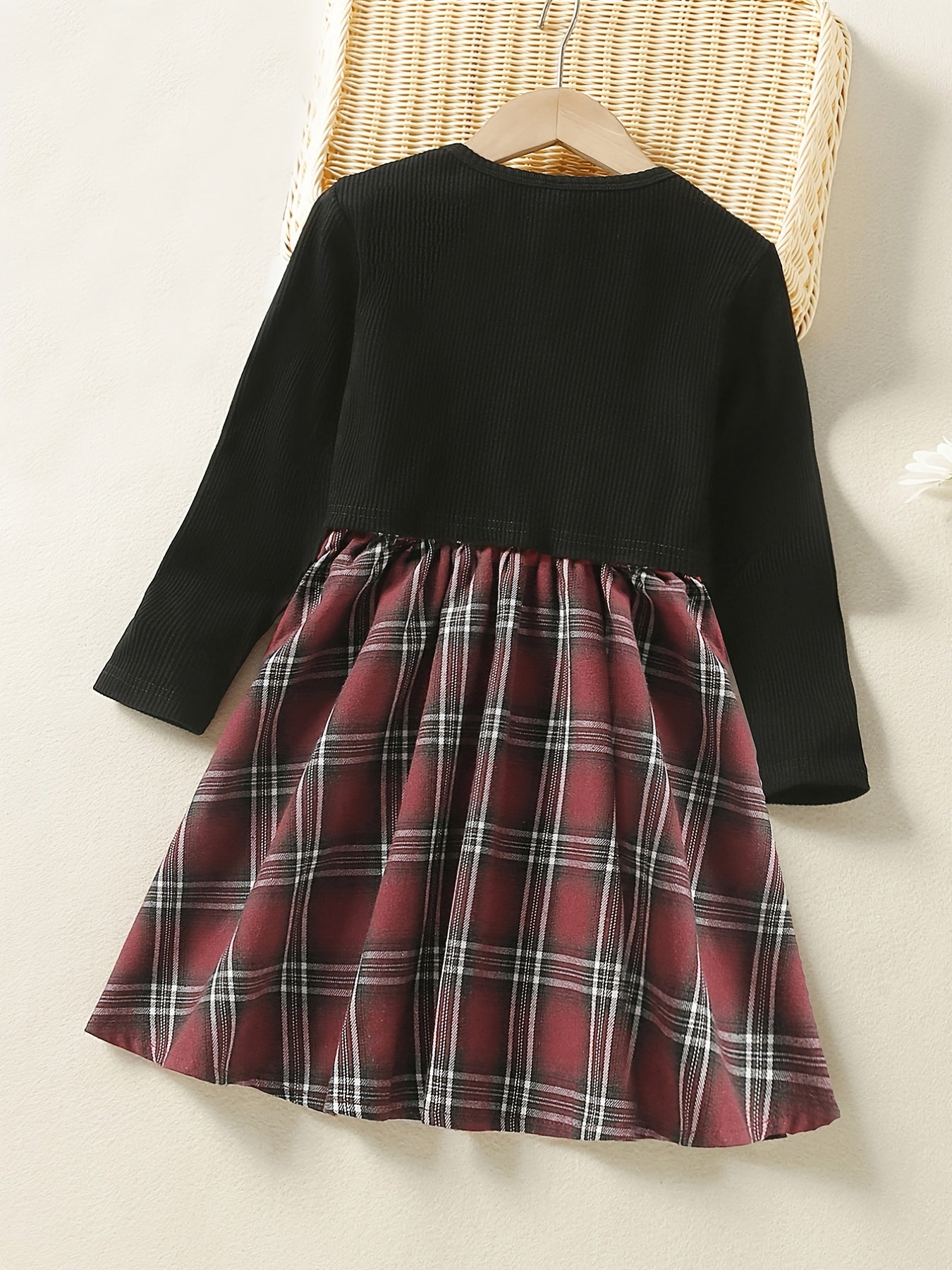 Girls Cotton Long Sleeve Top & Plaid Vest Dress Set