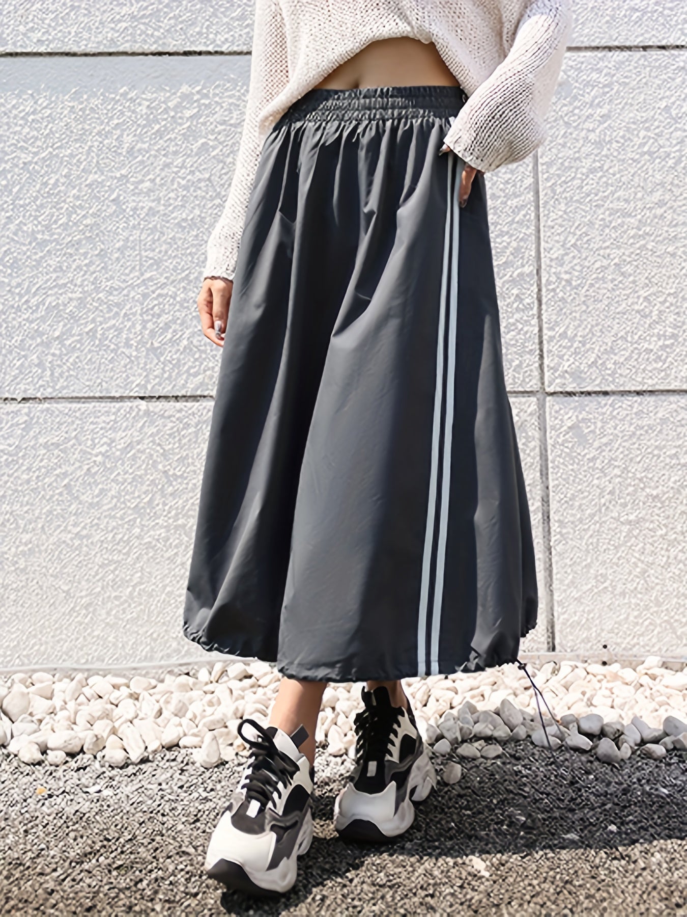 Striped Print Drawstring Skirts Casual Elastic Waist Maxi Skirts
